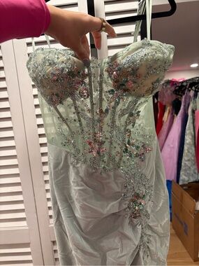 Mint Green Embellished Strapless Wedding Dress with Floral Beading strapless